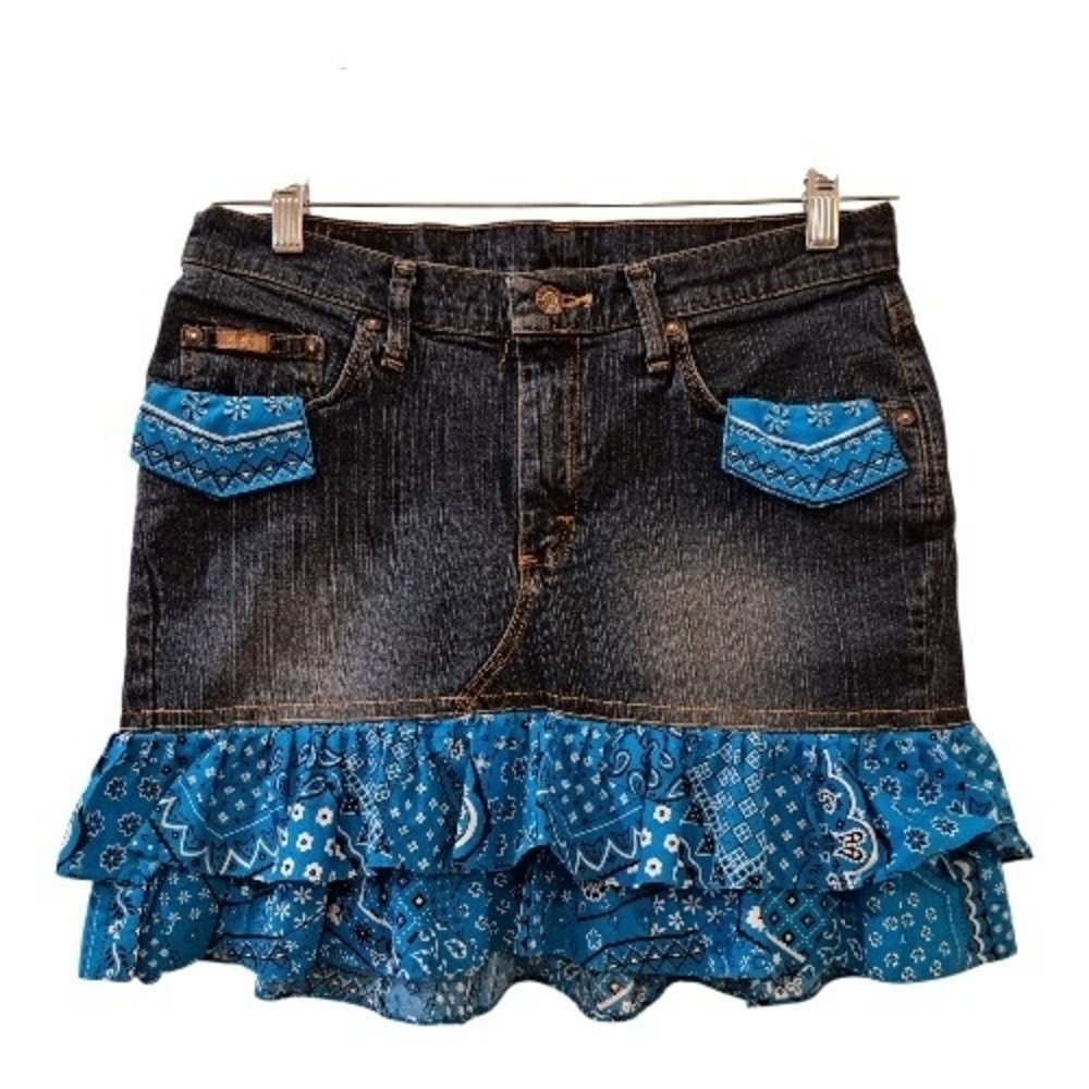 Upcycled  jean denim mini skirt Chic Blue with Ruffle Detail Size M